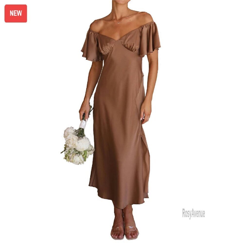 Satin Off Shoulder Midi Dress Butterfly Sleeve Formal Cocktail